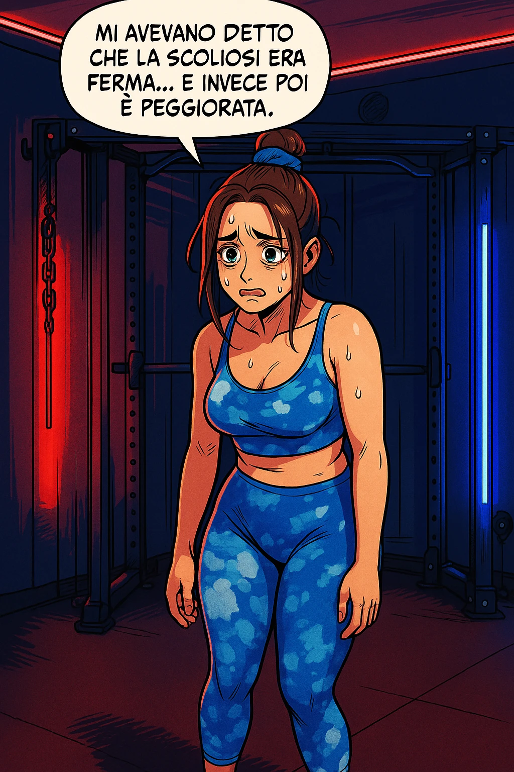 fai questa immagine in versione fumetto/manga/webtoon a colori, il manga mostra la donna disperata con un fumetto sulla testa che dice:
Mi avevano detto che la scoliosi era ferma… e invece poi è peggiorata.
 emoji