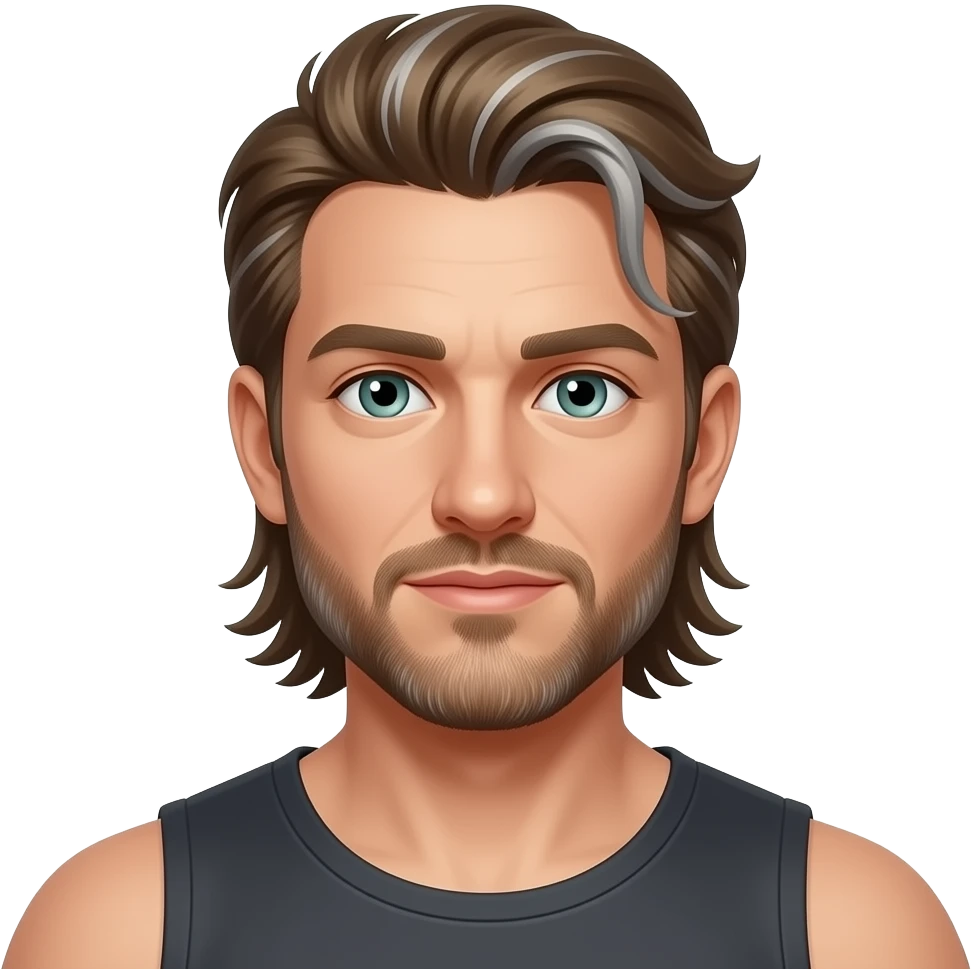 Mullet with side flares, wide shoulders. hazel blue green eyes, some grays with mostly hazel hair, 5 o’clock shade beard emoji