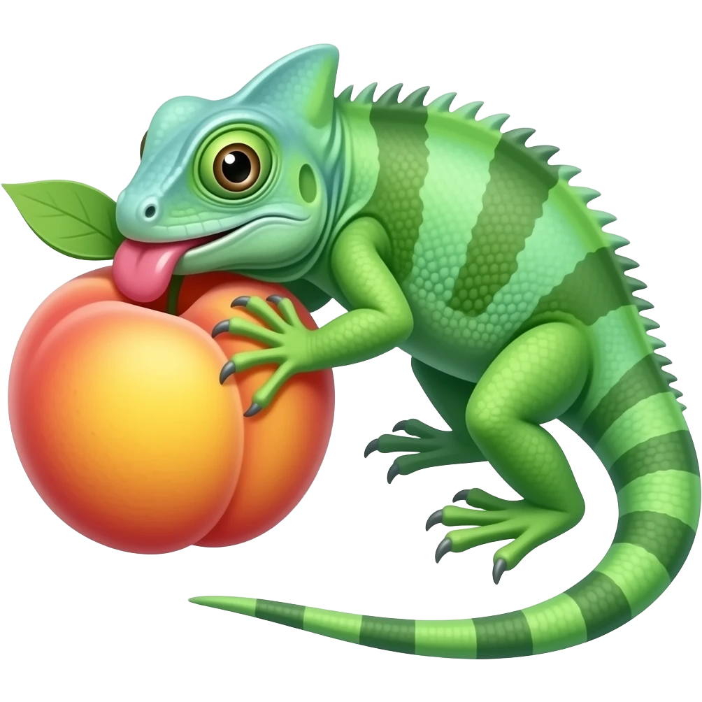 Una iguana lamiendo un durazno por la mitad de la línea del durazno emoji