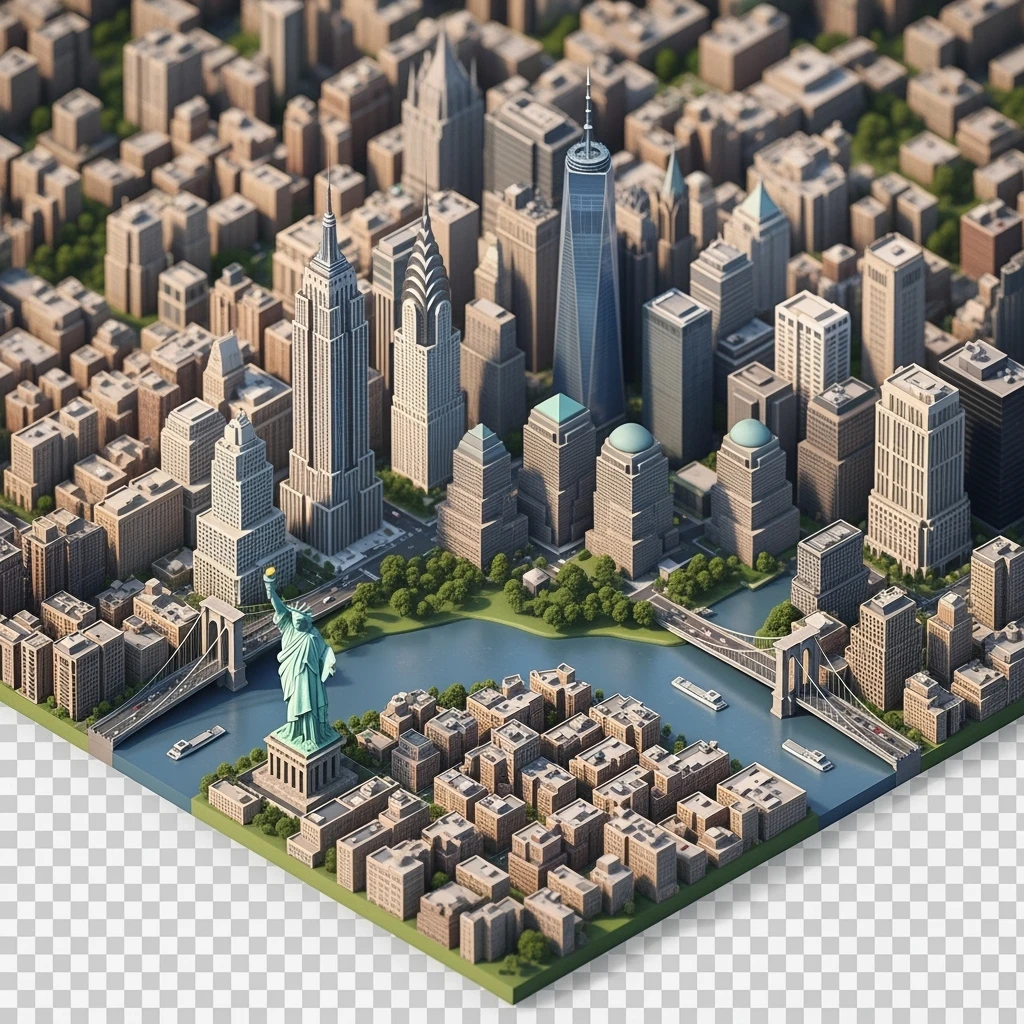 Isometric miniature of New York Сity Empire State Building, Chrysler Building, One World Trade Center, Statue of Liberty, Brooklyn Bridge, and Central Park chaotic low-rise blocks in outer boroughs 3D miniature effect and Tilt Shift effect, no cartoonish look, transparent background. emoji