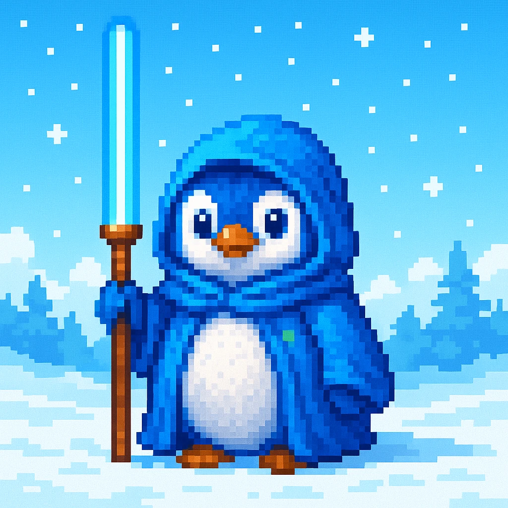 Change the scene to daytime with a bright sky, keeping the pixel art style and snowy background. The style should resemble pixel art with clear, crisp pixel details and vibrant colors typical of pixel art illustrations. emoji