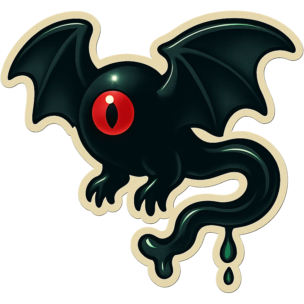 an all black reptilian bat-like creature. One cyclopian red eye in its face. no visible mouth or ears. 2 hind legs with claws. has a long tale with a stinger that drips green poison. no ears. no horns. no arms. emoji
