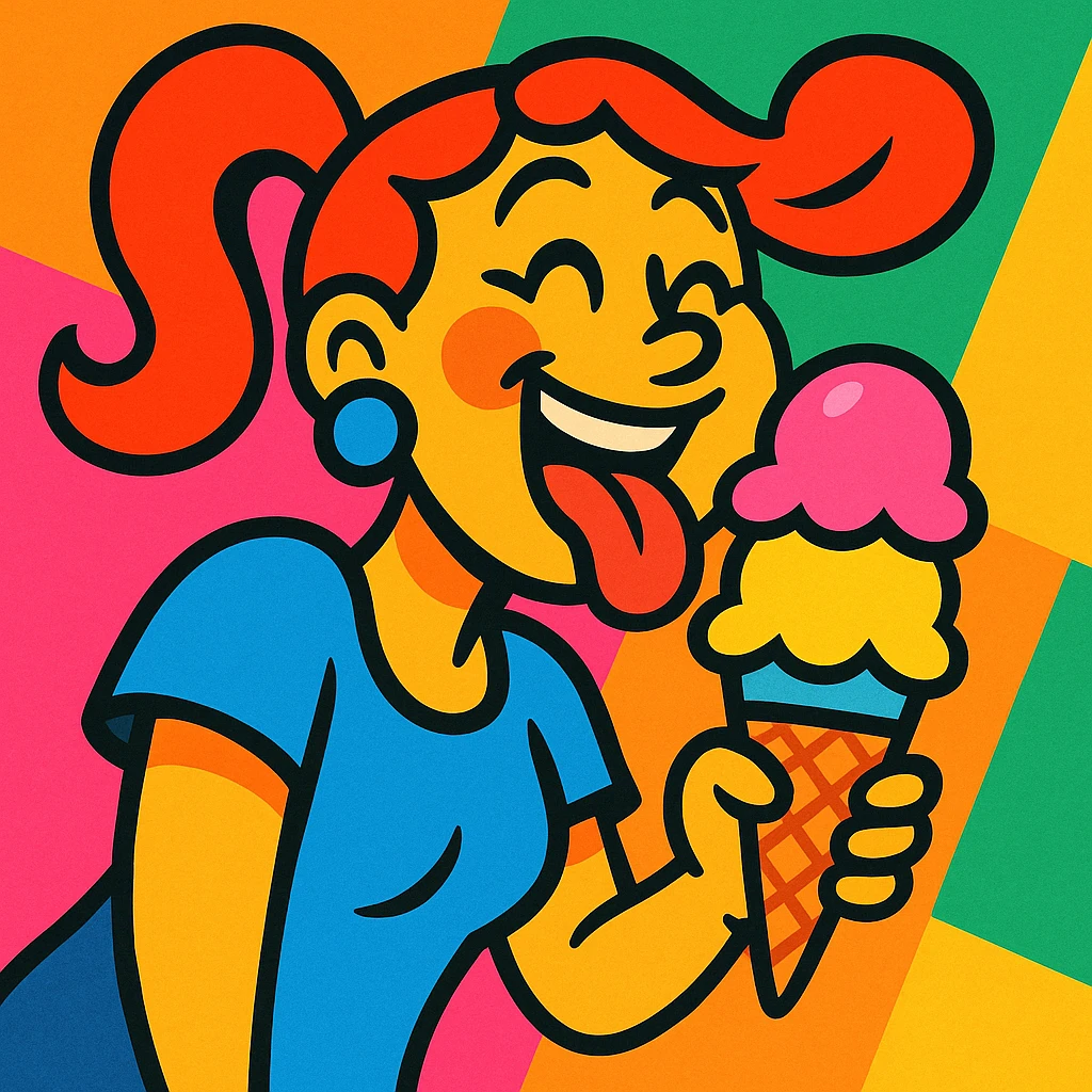 a woman licking an ice cream cone, vibrant and expressive, colorful vibrant toon style illustration emoji