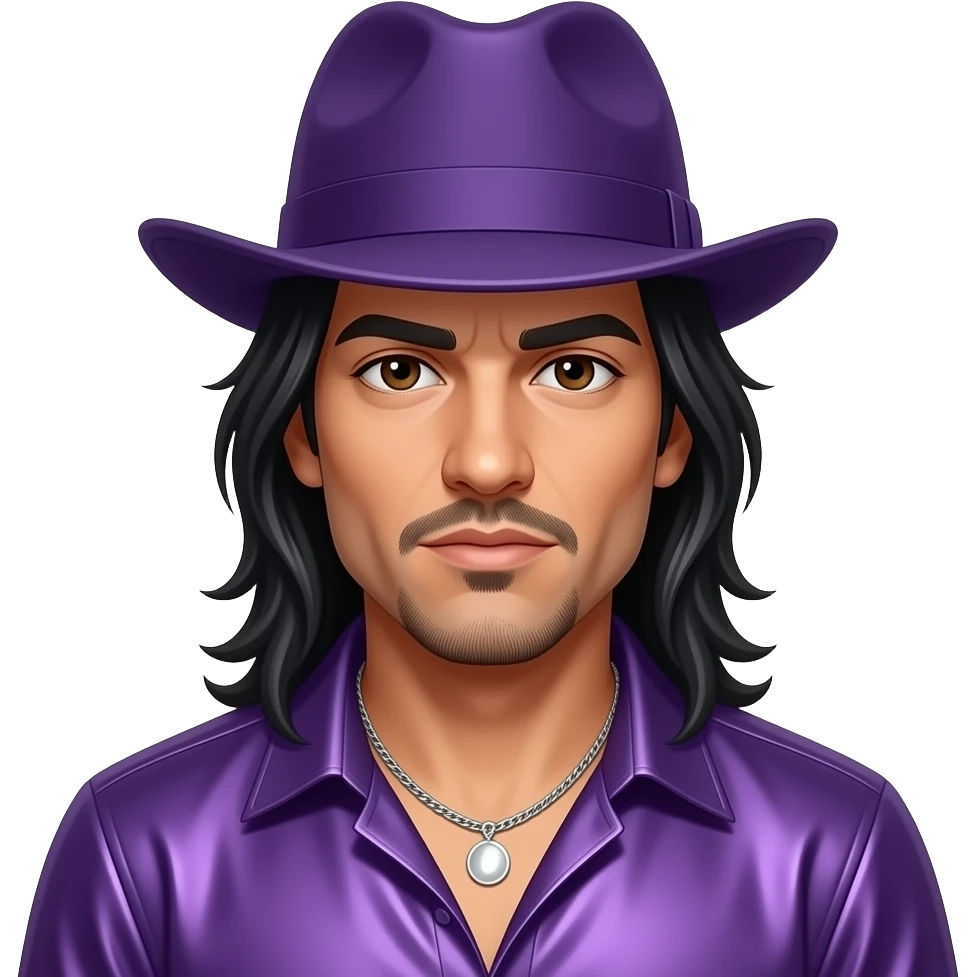 Jonathan Davis with dark brown eyes, long black hair, purple hat, purple metallic shirt, silver necklace emoji