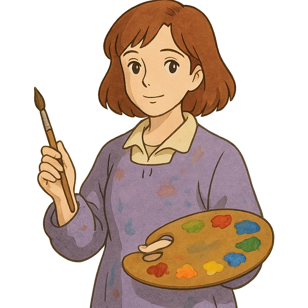 Serene female oil painter, Caucasian features, shoulder-length auburn hair, soft brown eyes, gentle smile, wearing a violet painter’s smock lightly stained with paint over a beige blouse, holding a wooden palette with vibrant colors in one hand and a brush in the other, waist-up, front-facing emoji