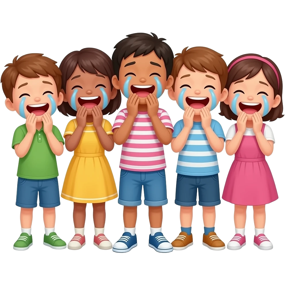 Hazme unos niños riendo mucho; casi llorando de la risa. cuerpo completo. que hayan 5 niños emoji