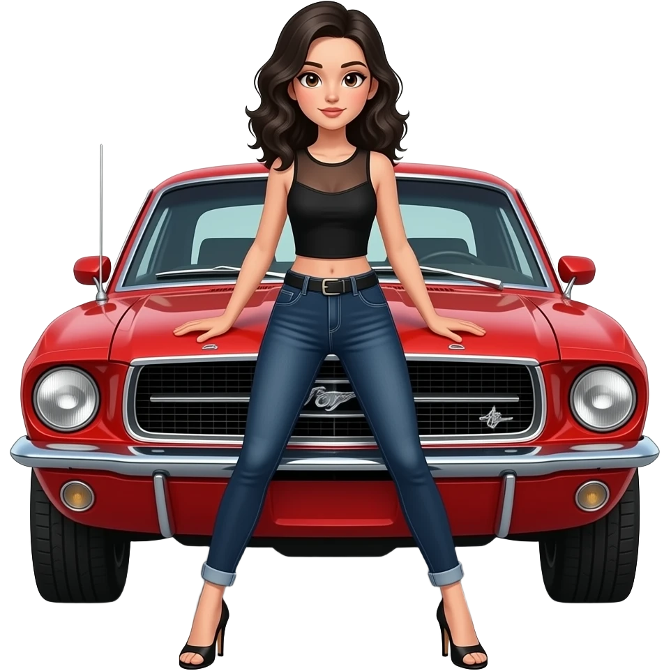 Pale girl with black wavy hair and brown eyes in front of a red ford mustang 1968 coupe. Girl wearing a sheer black sleeveless top, medium neckline, jeans and heels with visible toes. Legs wide spread and hands resting on the hood. emoji