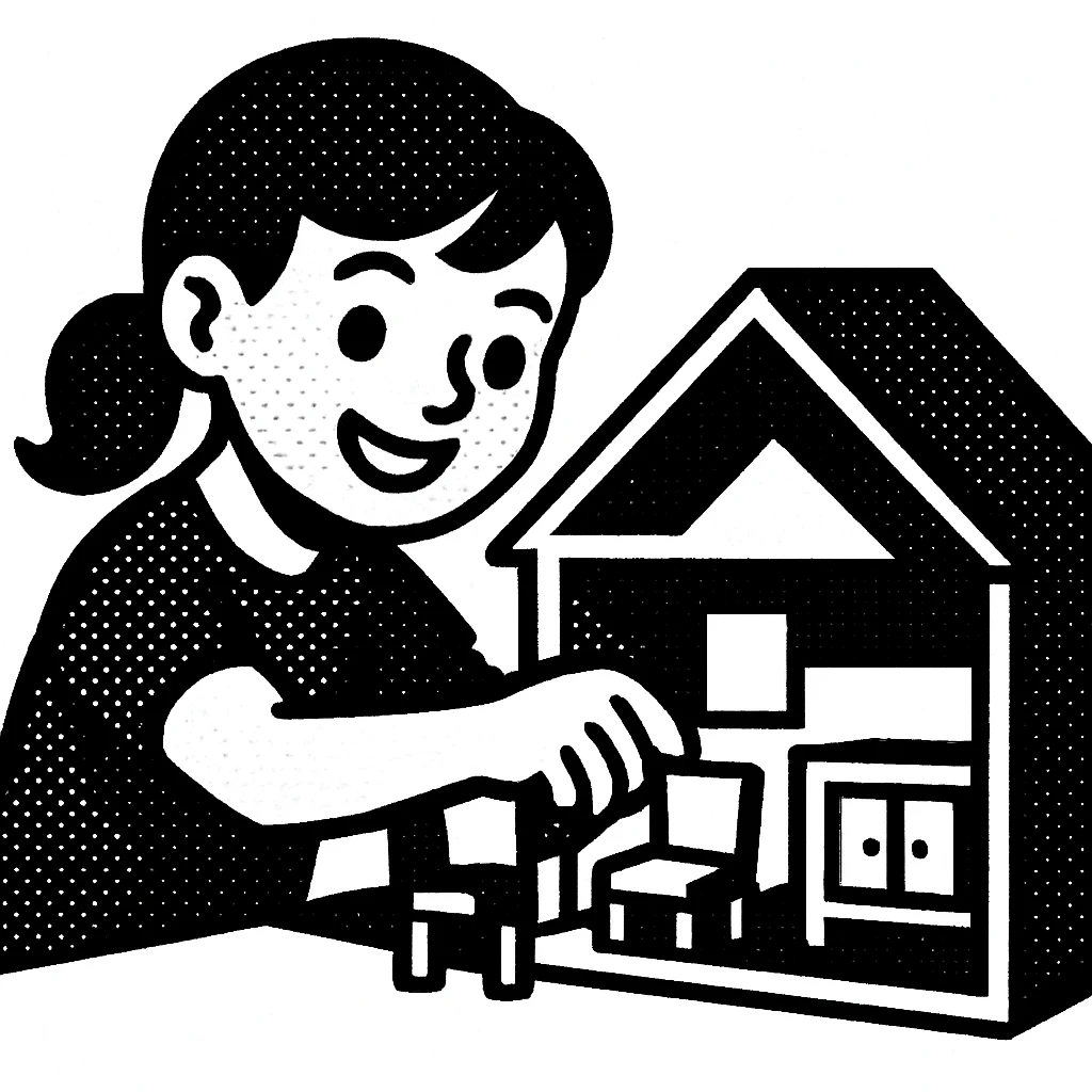 smiling girl arranging furniture in doll house emoji