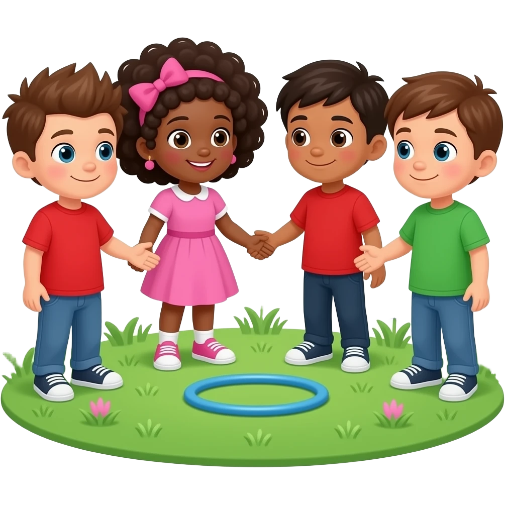 Ring Around The Rosie at the garden one boy with spiky hair with a red Shirt One Girl With Afro Hair With A Pink Bow And Pink Dress Dark Skin two Boys Were Red Shirt And Green Shirt emoji