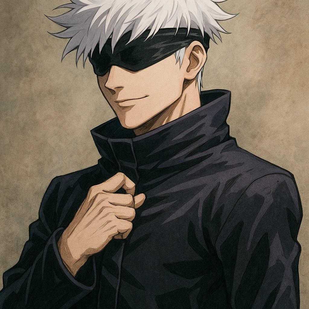 Gojo Satoru, white hair, blindfold, confident pose, anime style emoji