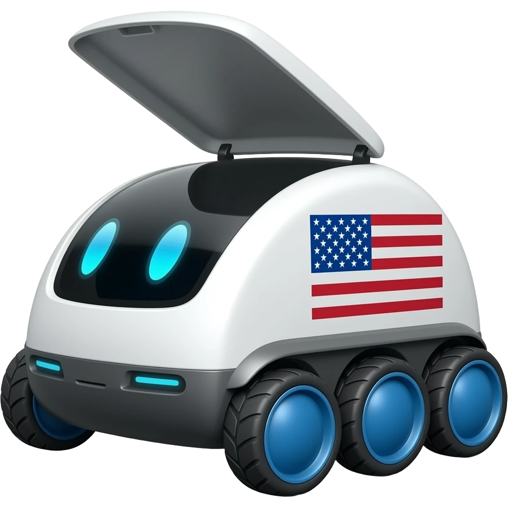 American delivery robot with 6 wheels and blue realistic eyes and a opening lid, milimastic design emoji