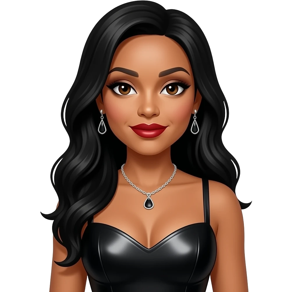 Tamar Braxton from The Braxtons with dark brown eyes, long black hair, black eyeshadow, red lipstick, black metallic sweetheart dress, necklace and earrings emoji