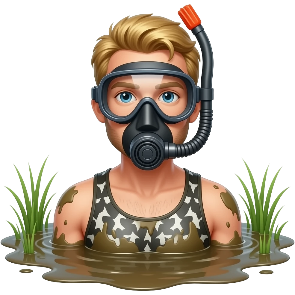 un uomo biondo che nuota in una palude fangosa con la maschera da sub emoji