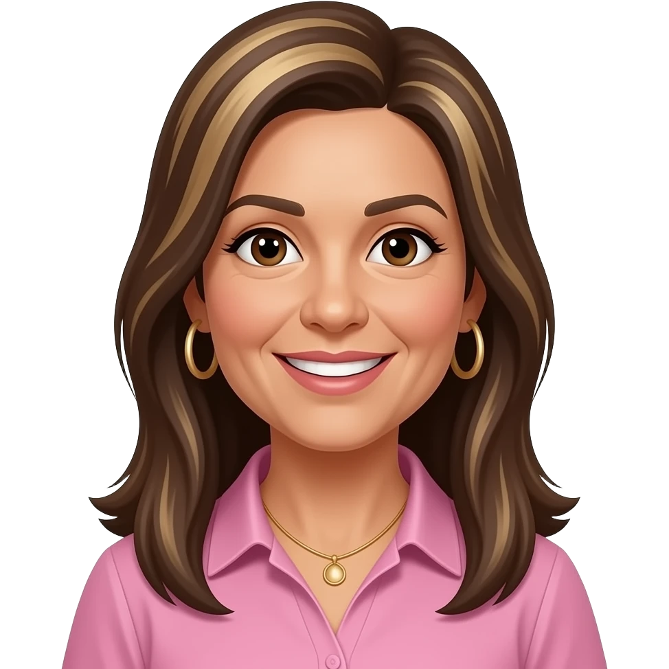 woman early 50s, dark brown eyes, very long straight hair all with highlights one length with side parting, hoop earrings, necklace, pink collared shirt, slighlty tanned skin, open smile emoji