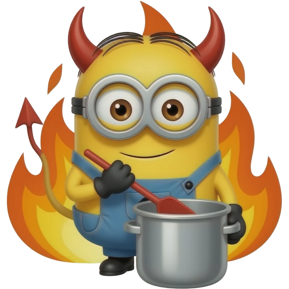 minion stirring the pot with devil horns with flames in the back ground text BOHICA emoji