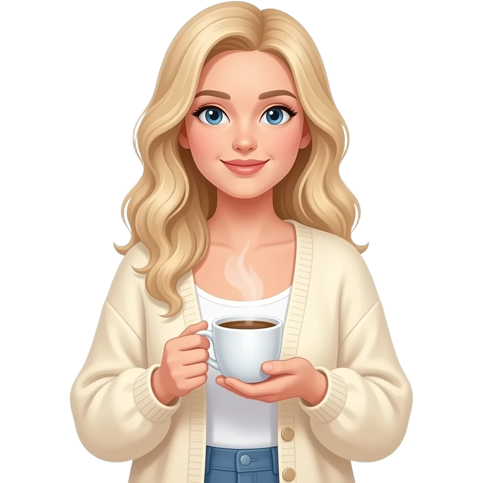 WHITE BLOND WOMAN IN FLOWY CARDIGAN HOLDING A CUP OF COFEE emoji