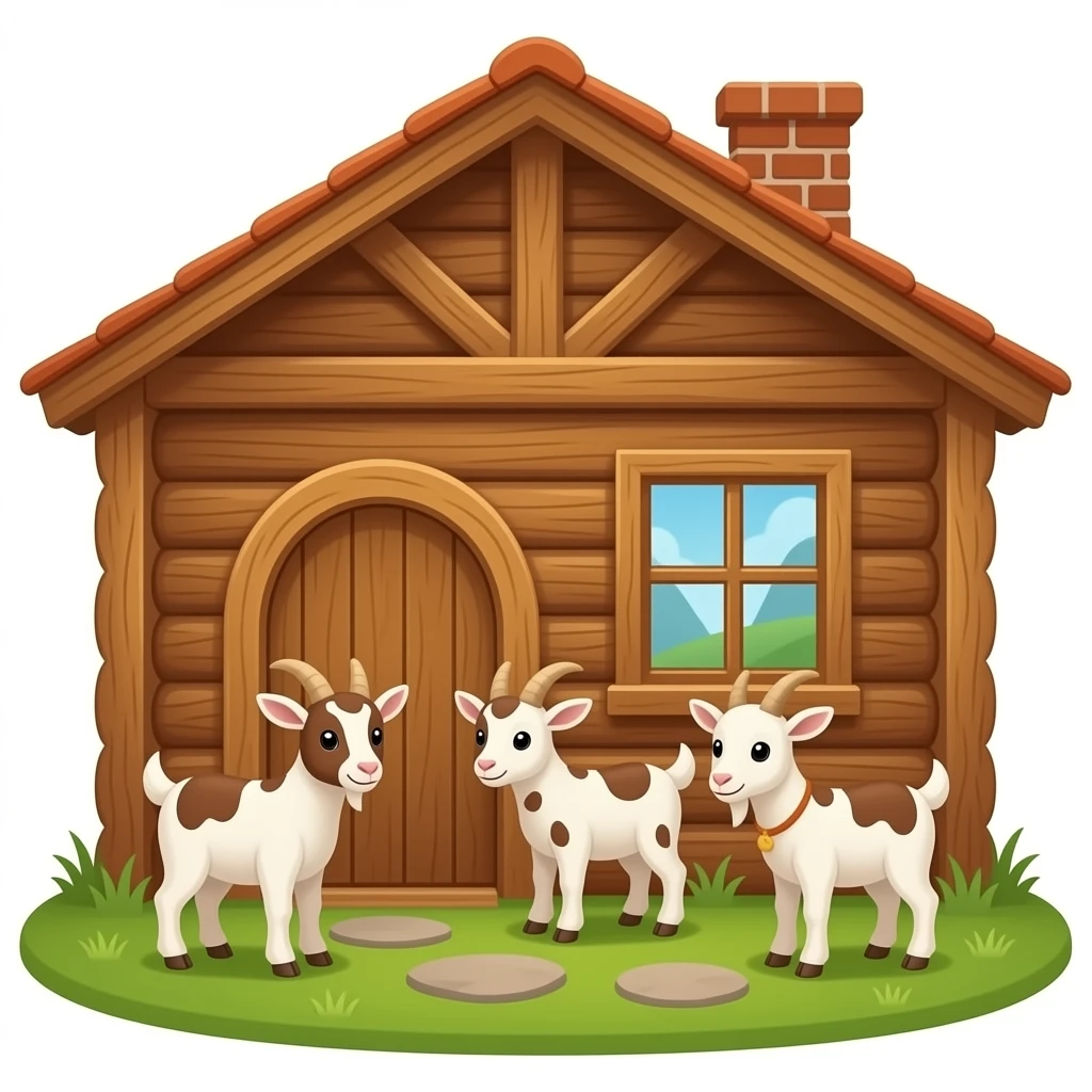 hazme la parte de dentro de una casa, la casa tiene que ser rustica. Pon algunas (2 o 3) cabras pequeñas con manchas marrones dentro de la casa. emoji