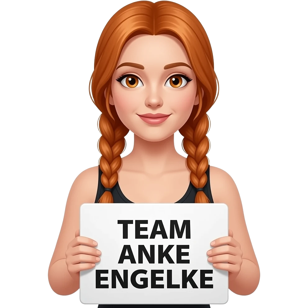 sexy girl with long ginger braids and ginger eyes wearing a black tanktop is holding a white sign with TEAM ANKE ENGELKE written on it emoji