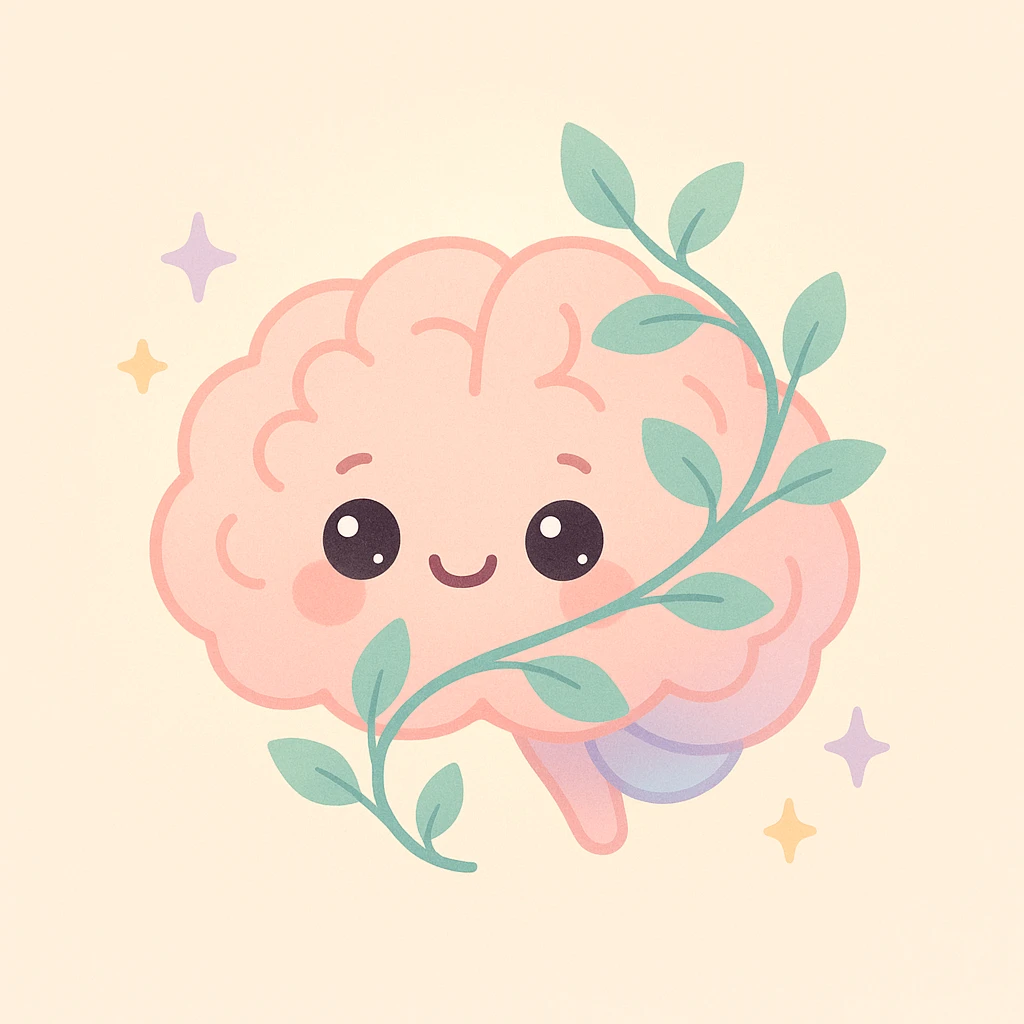 a brain with a flourishing vine, cozy and nurturing atmosphere, warm tones, representing positive mental health, soft pastel palette, gentle glow, mental health support theme, stylized, uplifting emoji
