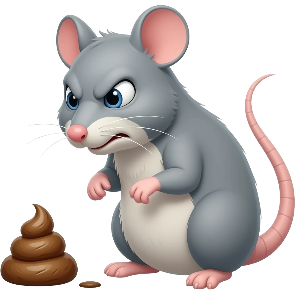 A rat looking at a piece of poop, with angry face that looks goofy emoji