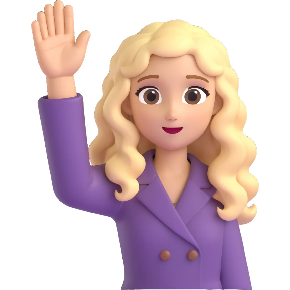 cute blonde girl with long curly hair, hand raised to signal stop emoji