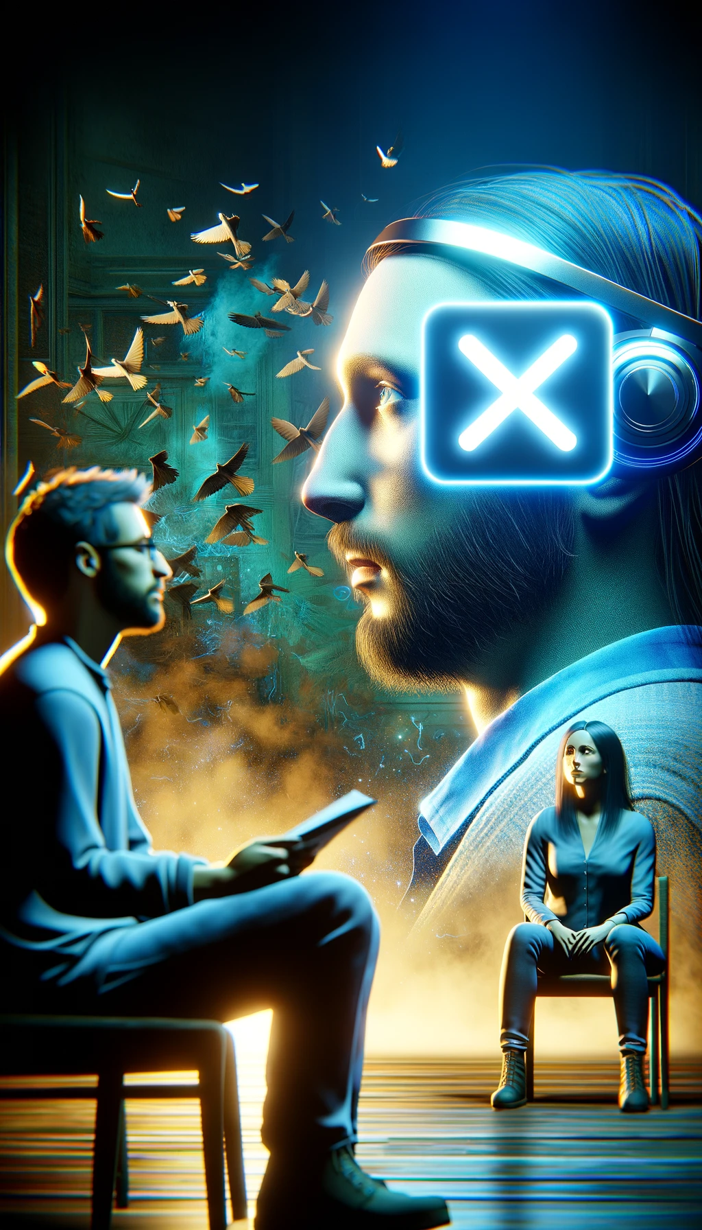 una persona parla ma sopra di lui c'è il simbolo "muto, un altra persona lo ascolta, immagine iperrealistica 4k emoji