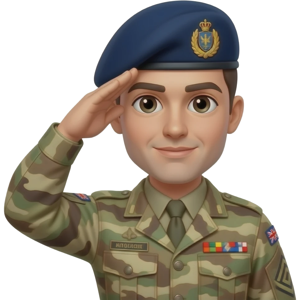 headshot of soldier wearing midnight blue beret with british army royal artillery cap badge  saluting emoji