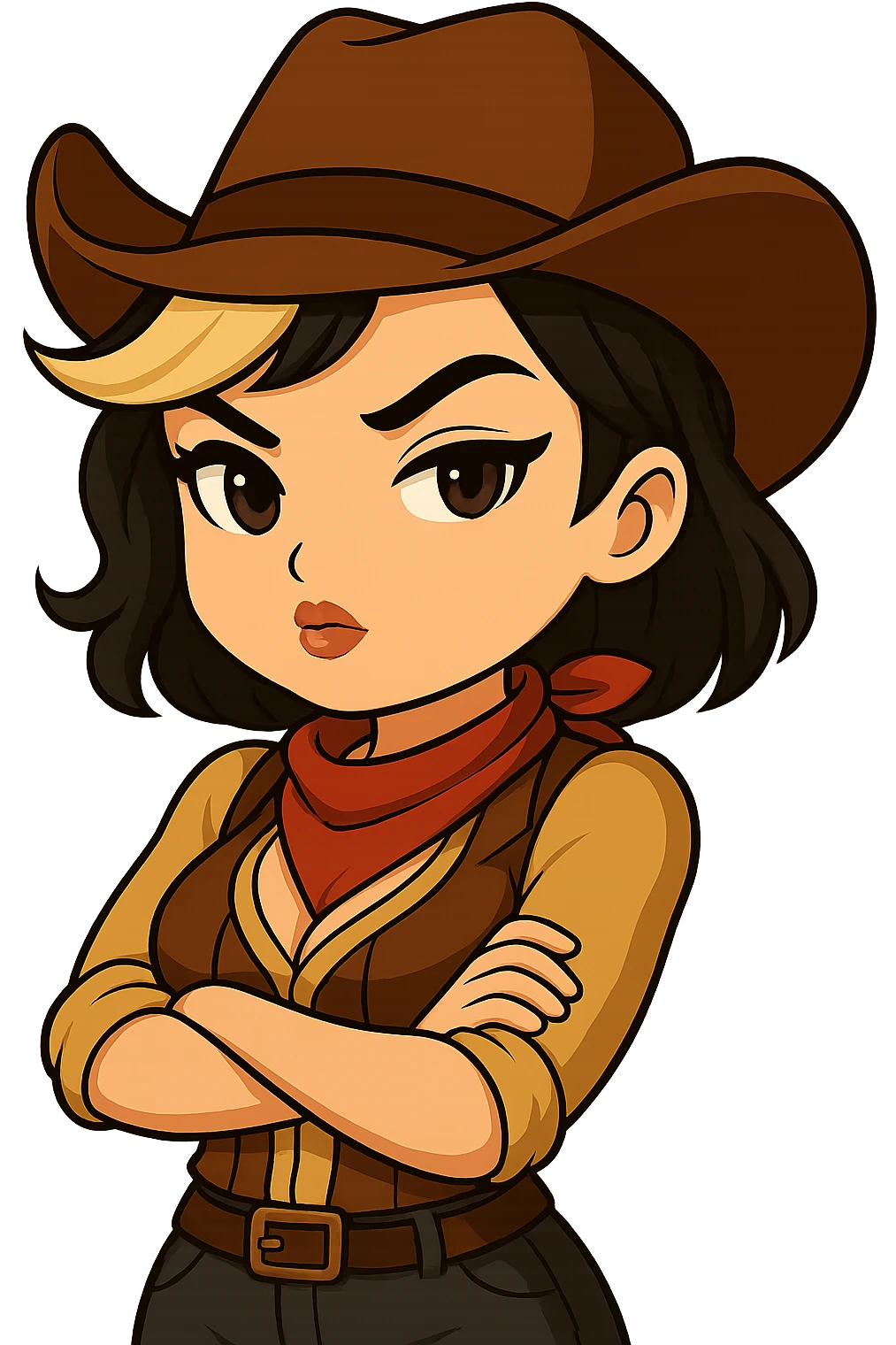 Chibi cowgirl with short hair and a blonde streak, wearing a cowboy hat and western outfit, no guns. Pose: arms crossed, determined and sultry expression, more feminine curves. Chibi/anime style, transparent background, sized for Twitch or Discord use. emoji