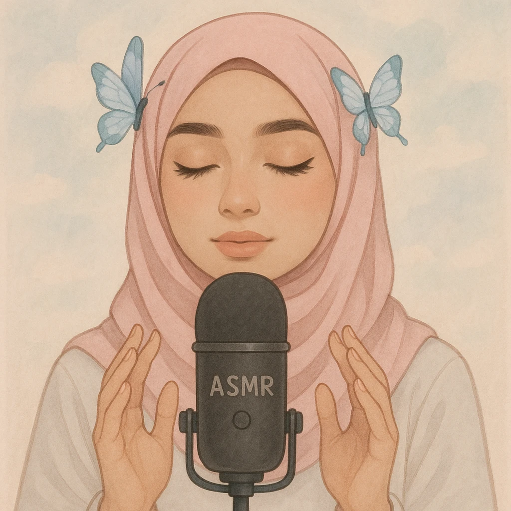 a girl with a pink hijab styled fashionably, butterfly hairclips on both sides, ASMR creator theme, soft and calming vibe emoji