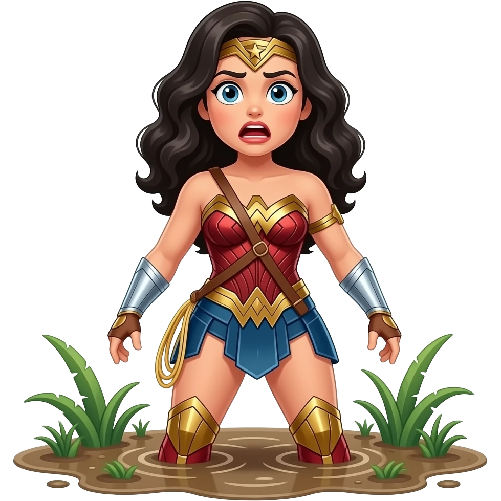 a shocked voluptuous wonder woman in jungle quicksand emoji