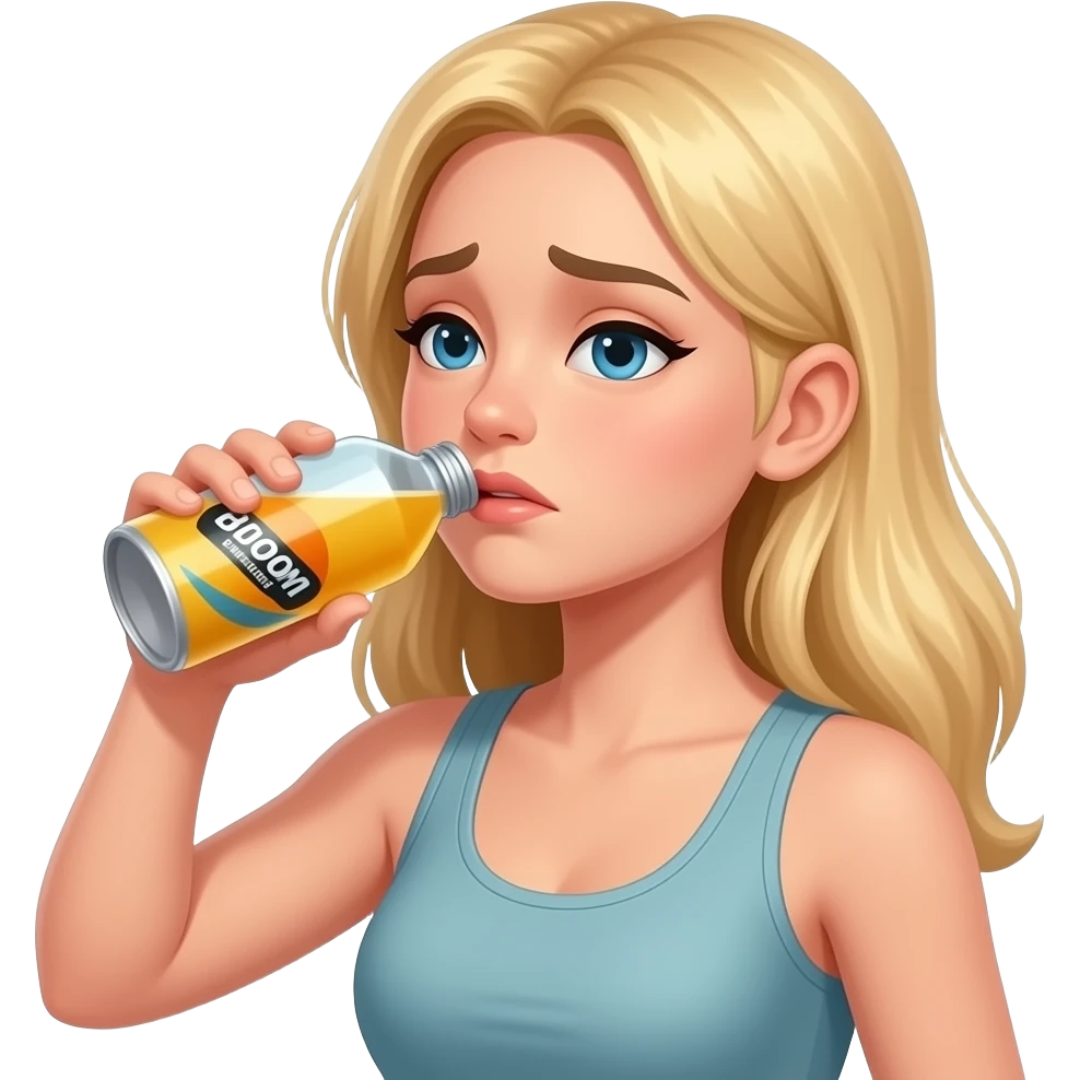 Blonde girl with energy drinking a bloom looks super tired emoji