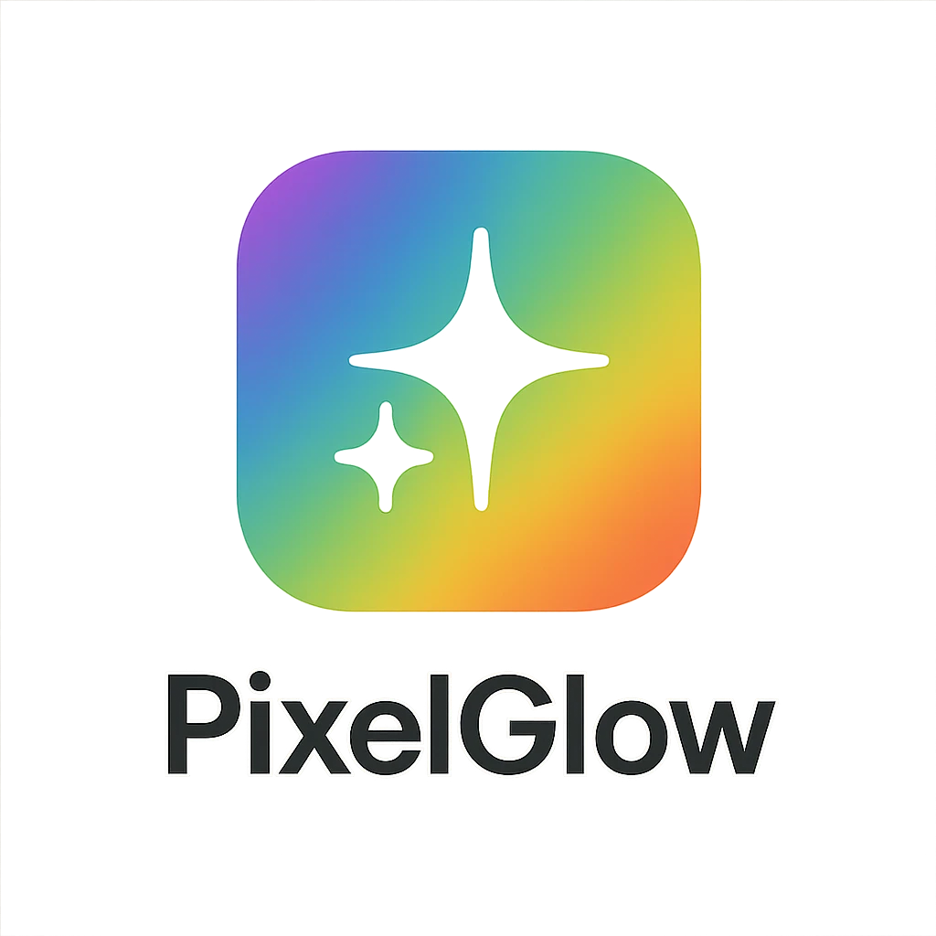 minimal logo for PixelGlow, rounded square with smooth rainbow gradient background, central white sparkle icon, clean, modern, tech-friendly, and playful emoji