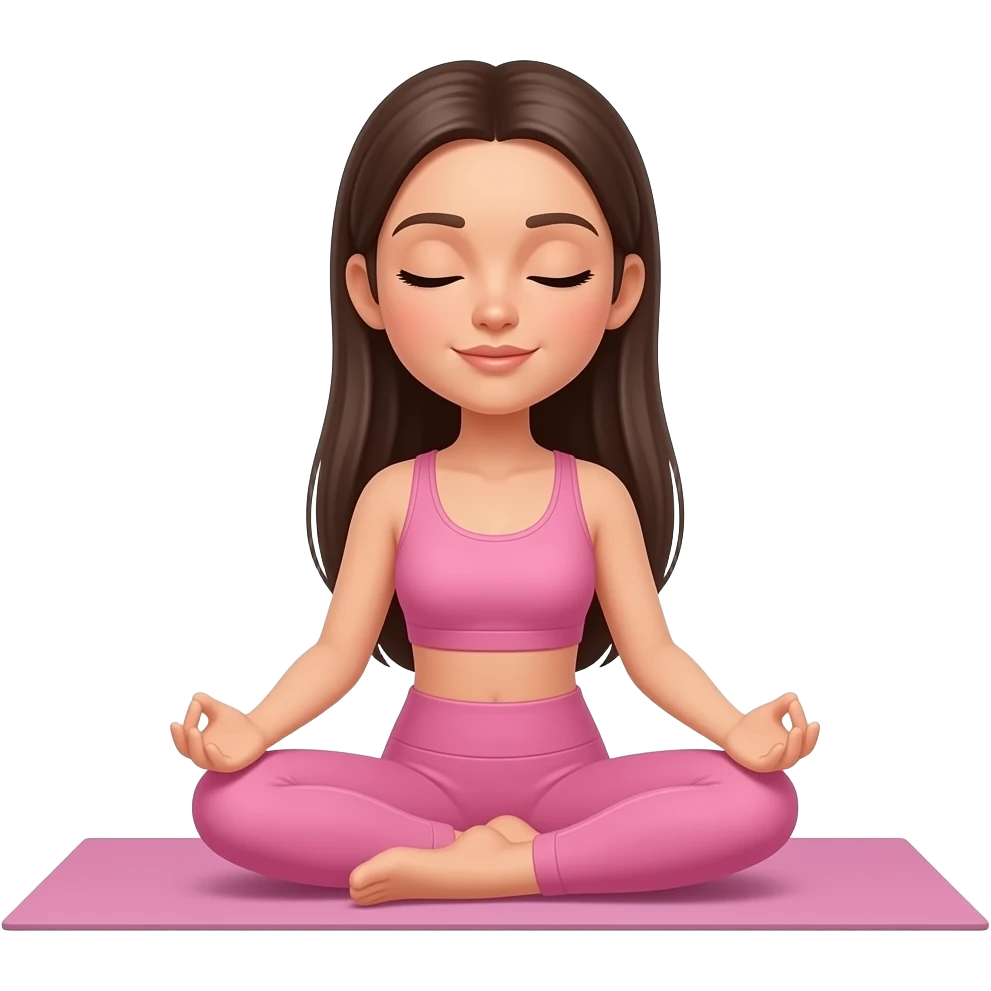 a brunette with long straight hair practicing sit down yoga without a mat, make her head proportionate to her body and eyes closed please and in a pink workout set and smaller head please emoji