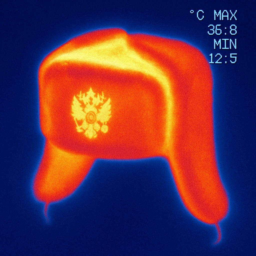 Russian hat ushank with the small coat of arms of Russia, with background, thermal camera style emoji