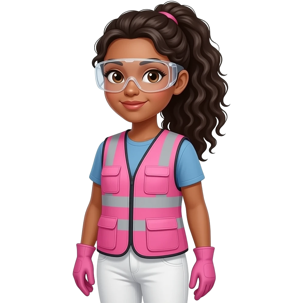 White woman with brown eyes with long curly black hair with ponytail in hair wearing pink and clear safety glasses wearing a pink construction vest wearing white pans wearing pink construction vest wearing white pants wearing pink construction gloves emoji