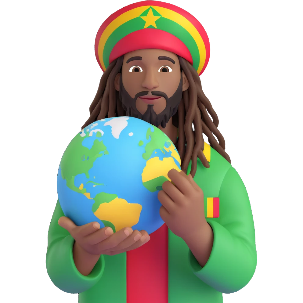 A rasta man bigging up di whole world 🌍🔥🤲🏾, reggae vibes 🎶, love and unity ✨💛💚❤️, every nation stand strong 🇯🇲 holding a the world in his hand emoji