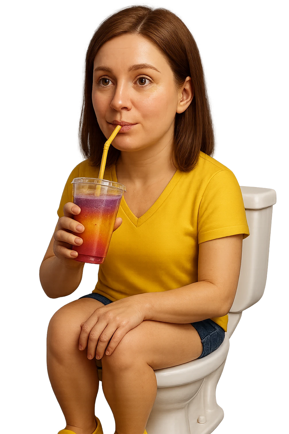 emoji stile iphone di una donna seduta sul wc che beve uno smoothies colorato, iperrealistico 4k emoji