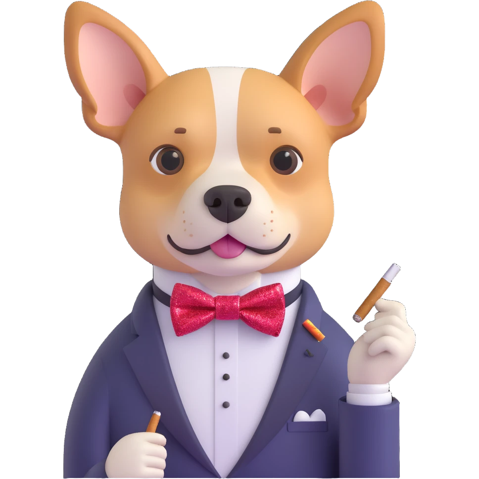 Add a glittery bow tie to the dog while keeping the cigarette. Style is Microsoft 3D emoji with transparent background. Keep the background transparent. emoji