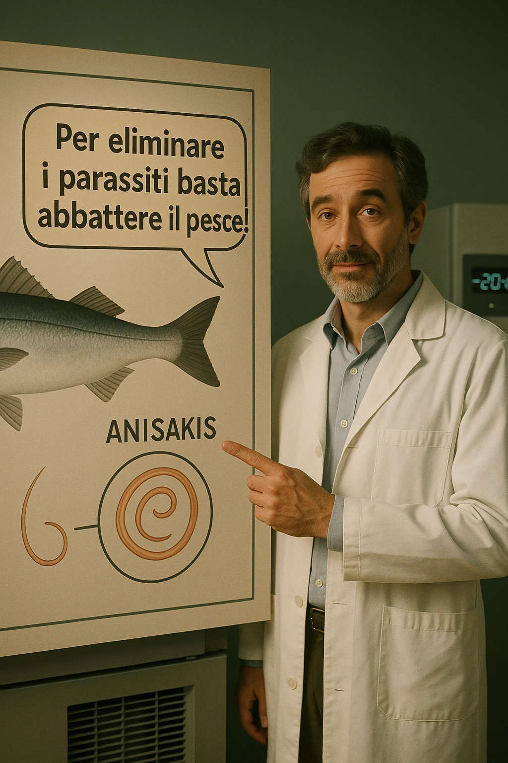 cinematic a scientist in a white lab coat stands beside a large poster showing a fish and a diagram of the Anisakis parasite. The scientist points to a speech bubble that says, “Per eliminare i parassiti basta abbattere il pesce!” In the background, a blast freezer is visible, with a temperature gauge set to -20°C. The mood is informative and reassuring. In italiano emoji
