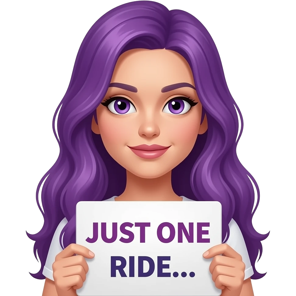 sexy girl with long purple hair and purple eyes holding a JUST ONE RIDE... sign emoji