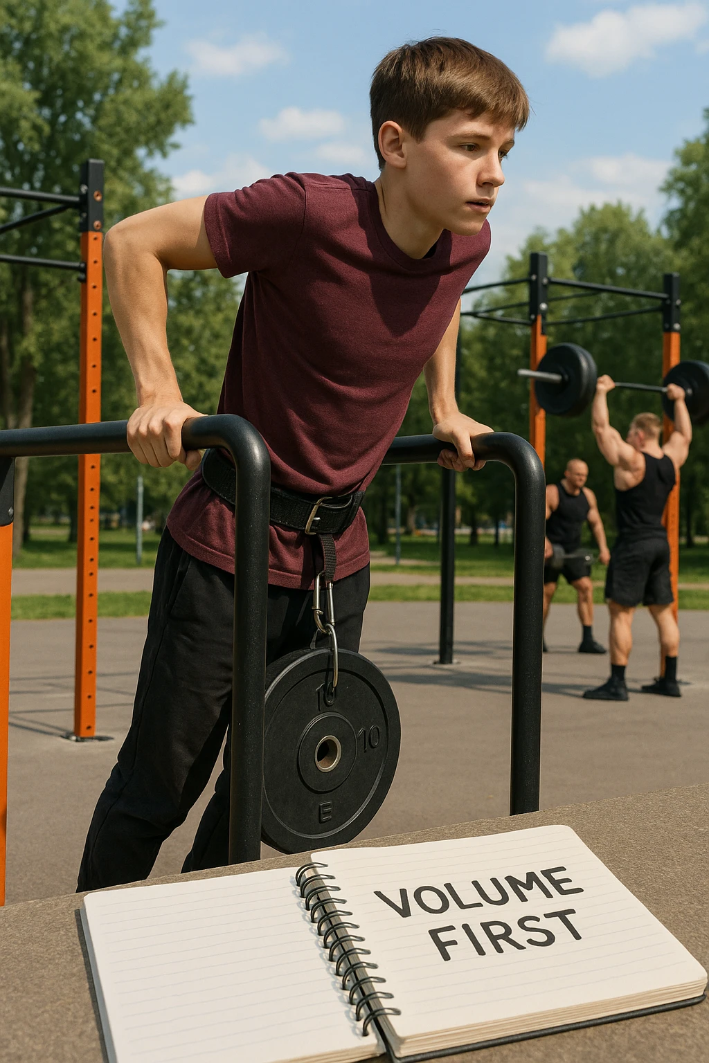 Atleta neofita giovane in un parco attrezzato per streetlifting, fisico ancora in fase iniziale. È intento a eseguire molte ripetizioni di esercizi a corpo libero con pesi leggeri (zavorra moderata), come trazioni e dip su parallele. Accanto a lui un taccuino di allenamento con la scritta 'Volume First'. L’atmosfera è luminosa e motivante, con altri atleti più muscolosi che sollevano carichi pesanti, ma lui è concentrato sul gesto tecnico e sulla costanza. Stile realistico, colori naturali, messaggio educativo su priorità all’adattamento progressivo e al volume. emoji