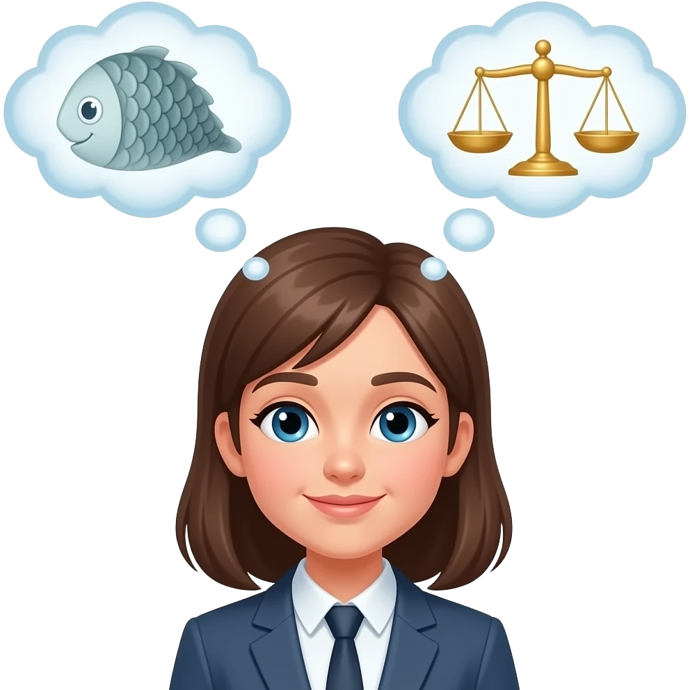 Две мысли возле головы девушки, в виде весов на которых душа и работа emoji