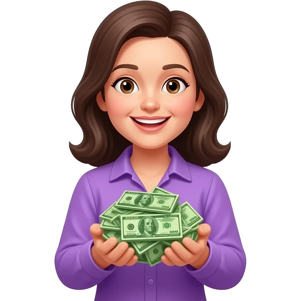 Счастливая женщина с кучей рубли в фиолетовой одежде не доллар emoji