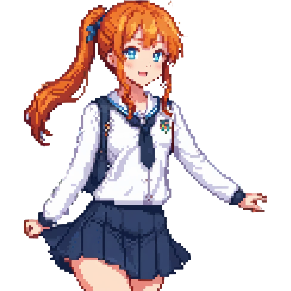 anime girl in school uniform, orange hair in side ponytail, blue eyes, standing in a courtyard with cherry blossom petals, skirt and hair fluttering in breeze, cheerful expression emoji