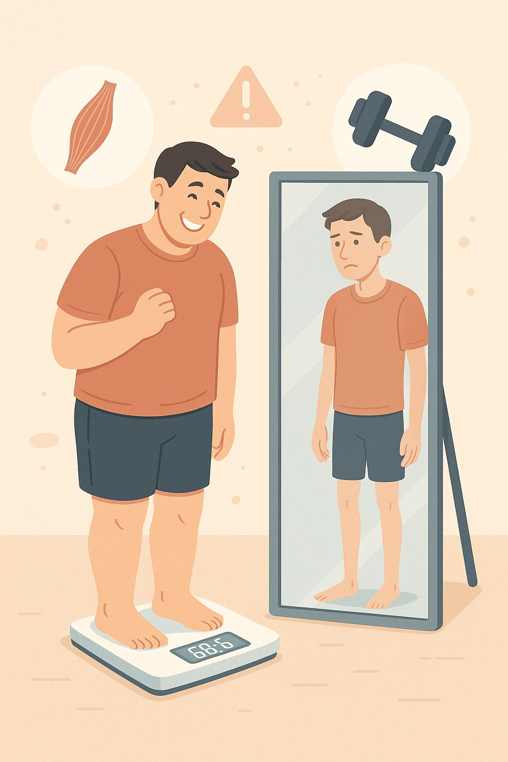 a man stands on a scale, smiling at the lower number, but his reflection in a nearby mirror shows a thinner, but also visibly weaker and less muscular body. Around him, floating icons or faded images of muscle fibers and dumbbells highlight the overlooked loss of muscle mass. The mood is cautionary and educational. in italiano emoji