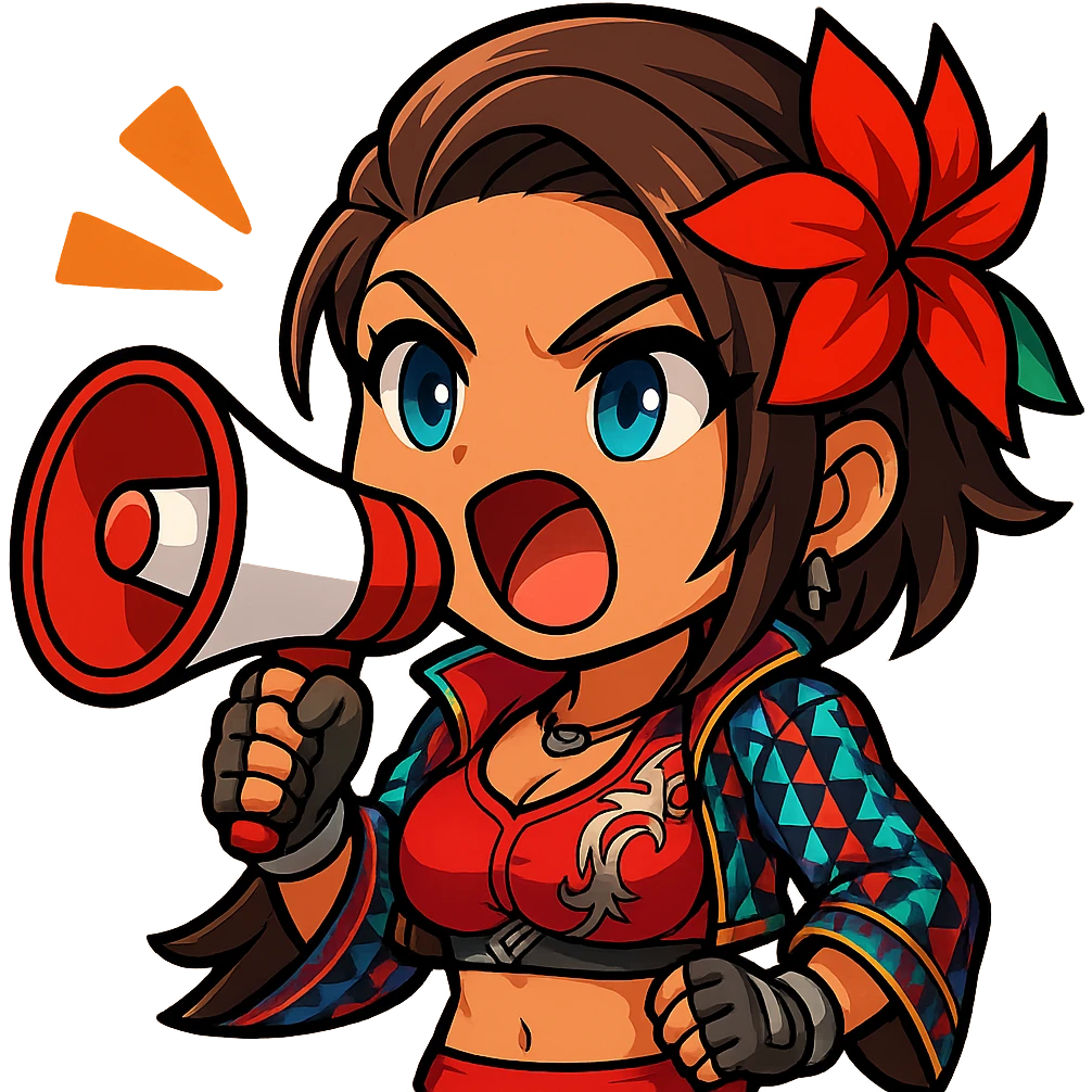 Azucena from Tekken 8 in chibi sticker style, with a megaphone, shouting, wearing the detailed red and patterned outfit from the reference images, designed for Twitch emote use. emoji