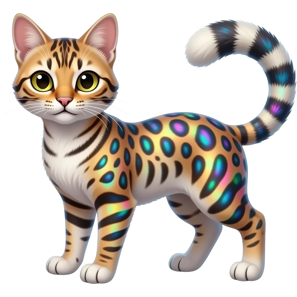 Iridescent Tribal-Patterned vernid-Civet-Genet-Bengal-Cat-Bobcat-Caracal-Serval-animal-hybrid-mix fantasy creature LiLaiRa Kamirah Falvie whiskers paws full body gradient stripes tufted tail feline emoji