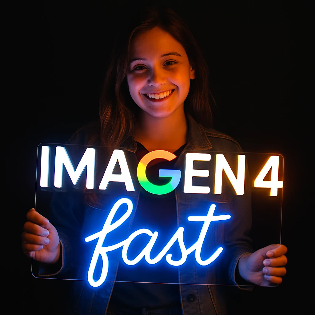 make a girl holding this sign, but sign in made of neon, also add fast below the sign emoji