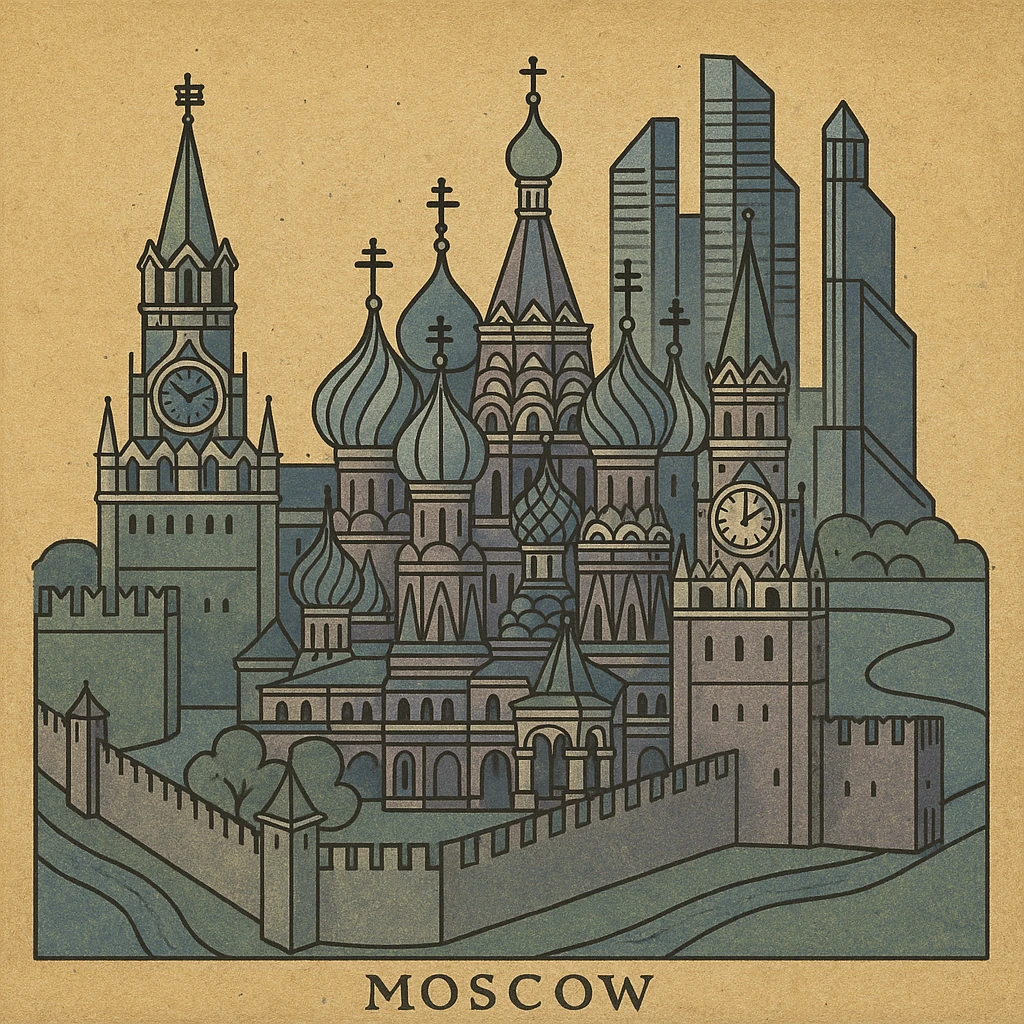 Изометричная миниатюрная 3D модель Москвы - Кремль, собор Василия Блаженного, Сити,  аккуратная детализация, яркие цвета мультяшный реализм, компактная композиция,  вид сверху в изометрии emoji