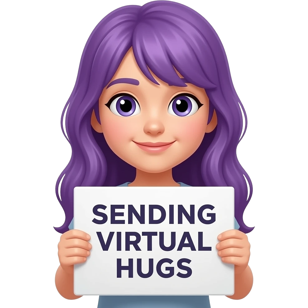 girl with long purple hair with a SENDING VIRTUAL HUGS sign emoji